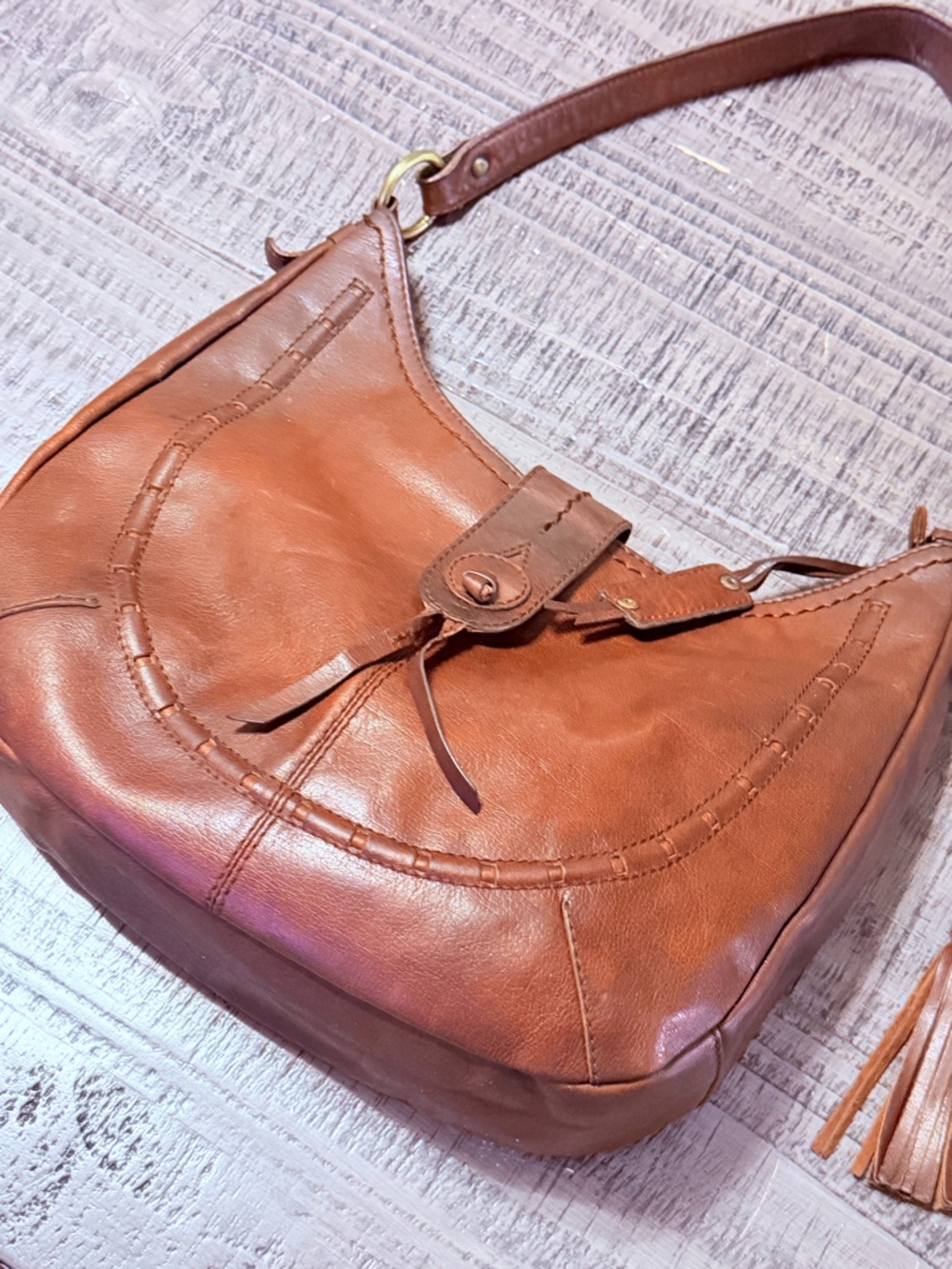 Leather Shoulder Bag in Brown by Dina True - Picture 2 of 13